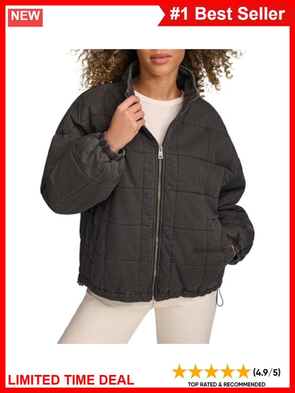 Quilted Cotton Jacket Lightweight Zip Drawcord Stand Collar
